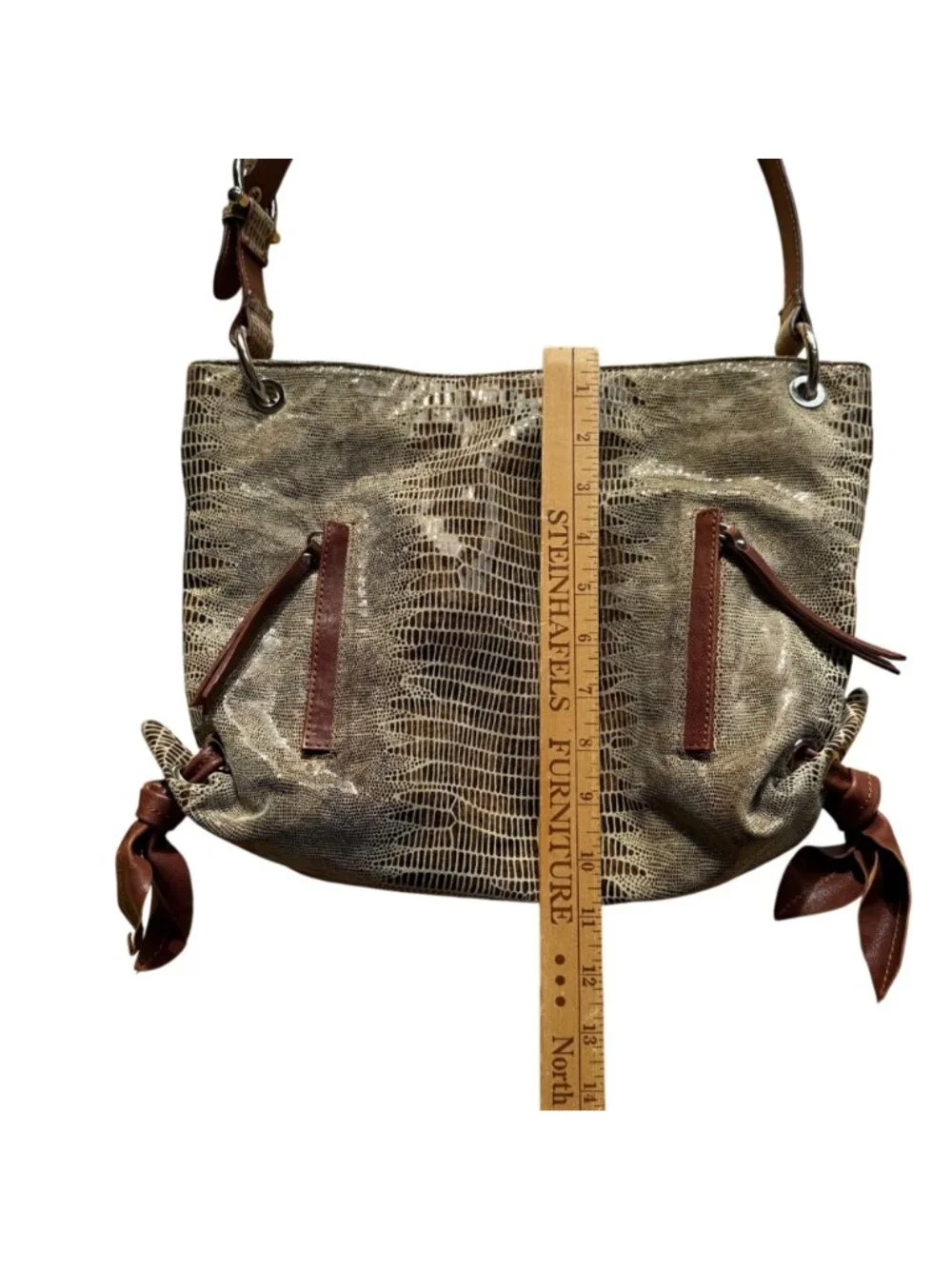 Chez Women's Hobo Bag Tan Brown Leather Snake Embossed Metallic Shoulder Tote